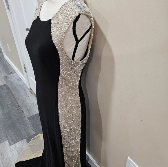 Xscapee Caviar Beaded Illusion Black & Nude Formal Gown Dress